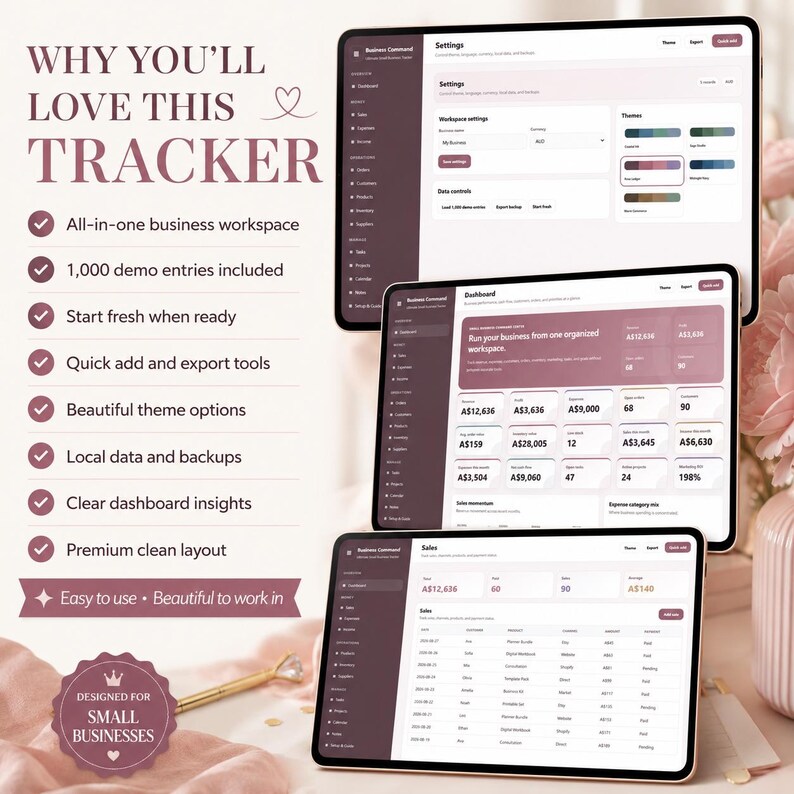 May include: Three digital tablets display a business tracker interface with a dark mauve and white color scheme. The text reads WHY YOU'LL LOVE THIS TRACKER, listing features like all-in-one workspace, demo entries, and a badge stating DESIGNED FOR SMALL BUSINESSES.