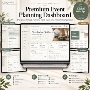 May include: A digital web app interface for a premium event planning dashboard displayed on a laptop screen, featuring sections for setup, budget, guests, and vendors with a neutral colour palette and organised data visualisation for event management.