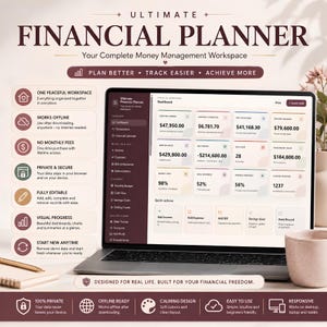 May include: A digital financial planner displayed on a laptop screen, featuring a dashboard with income, spending, and savings metrics. The interface includes a sidebar for navigation and sections for budget tracking, debt management, and investment summaries.