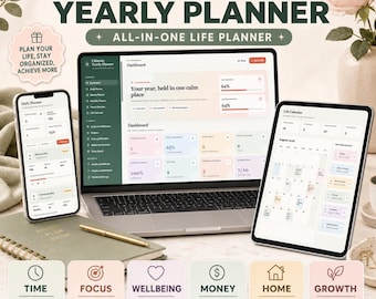 Ultimate Yearly Planner Web App, All in One Life Planner, Daily Weekly Monthly Planner, Goal Budget Habit Tracker, Offline Digital Planner