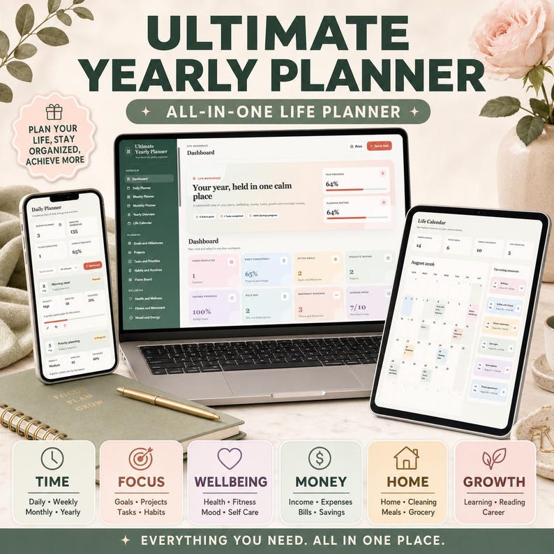 Ultimate Yearly Planner web app dashboard showing pastel KPI cards, yearly progress, goals, habits, savings and mood tracking
All in one yearly life planner web app displayed on laptop tablet and phone with daily planning and calendar screens
Ultimate Yearly Planner featuring 27 organizers for time planning, goals, wellbeing, money, home and personal growth