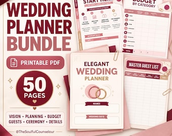Printable Wedding Planner Bundle PDF, 50 Page Wedding Planner, Budget, Vendors, Guests, Ceremony & Seating Checklist