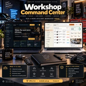 May include: Two laptops displaying the Workshop Command Center software interface, featuring dashboards for customers, vehicles, work orders, inventory, and invoicing. A black mug, a car key fob, a notebook, and a pen are arranged on the desk.