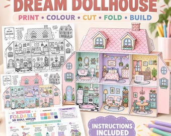 Printable Dollhouse Template, 3D Paper Doll House PDF, Kids Coloring Craft, Cut Fold Build Activity, Instant Download with Instructions