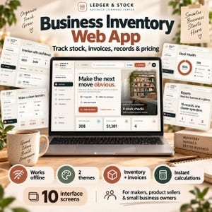 Puede incluir: Un portátil que muestra la interfaz de la aplicación web de inventario Ledger & Stock, rodeado de pantallas flotantes con estados de stock, informes y facturas. Una taza de cerámica con texto se encuentra sobre un escritorio de madera.
