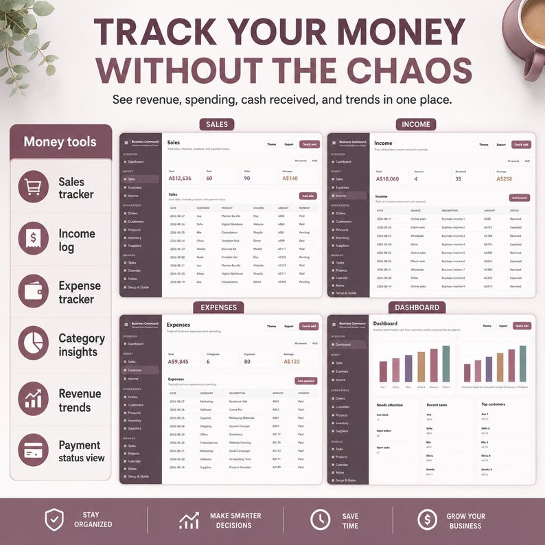 May include: A digital business management dashboard interface featuring sections for sales, income, expenses, and a general dashboard. The layout includes a sidebar labeled Money tools with icons for sales tracker, income log, expense tracker, category insights, revenue trends, and payment status view. The text reads TRACK YOUR MONEY WITHOUT THE CHAOS and See revenue, spending, cash received, and trends in one place.