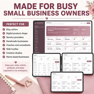 May include: A digital business management dashboard displayed on a computer monitor and two tablets. The interface features sections for orders, products, and a calendar, with text including MADE FOR BUSY SMALL BUSINESS OWNERS and various financial data points in Australian dollars.