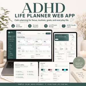 ADHD-livsplanerare webbapp | ADHD digital planerare | Mål Uppgift Vanor Budgetspårare | Daglig Veckovis Månadsvis Årlig Instrumentpanel | Livsorganisatör