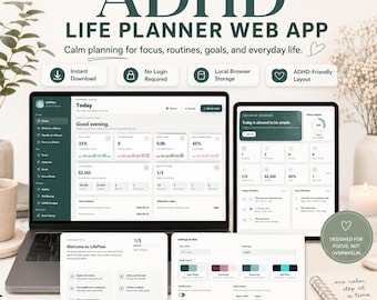 ADHD Life Planner Web App | ADHD Digital Planner | Goal Task Habit Budget Tracker | Daily Weekly Monthly Yearly Dashboard | Life Organizer