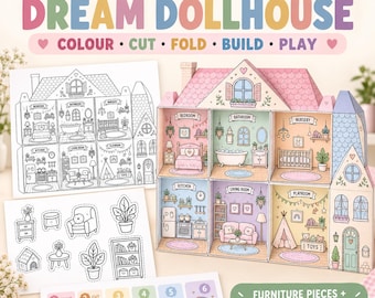 Printable Dollhouse PDF, 3D Paper Doll House Template, Color Cut Fold Kids Craft, DIY Pretend Play Activity, Instant Download