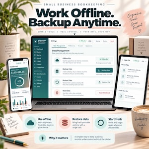 Op de afbeelding: Een digitale boekhoudsoftware-interface weergegeven op een laptop, smartphone en tablet. Het scherm toont instellingen voor gegevensbeheer, dashboards met winstgrafieken en bestandsopties. Tekst bevat Work Offline. Backup Anytime.