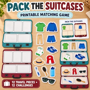 Puede incluir: Un juego de emparejamiento imprimible titulado PACK THE SUITCASES que incluye dos plantillas de maletas abiertas en color verde azulado y granate, doce recortes de artículos de viaje como ropa, zapatos y accesorios, y una tarjeta de desafío.