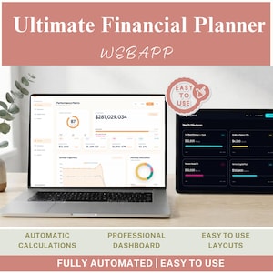 Puede incluir: Un ordenador portátil y una tableta muestran un panel financiero con gráficos y datos numéricos. La pantalla muestra texto que incluye Ultimate Financial Planner, WEBAPP, Performance Matrix y Wealth Milestones, con una insignia de Easy To Use.