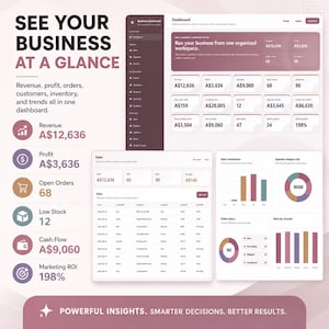 May include: A digital business dashboard interface displayed on a screen, featuring the text SEE YOUR BUSINESS AT A GLANCE. The layout includes data tables, bar charts, and circular graphs in shades of mauve, white, and gray, showing metrics like revenue, profit, and sales momentum with the footer text POWERFUL INSIGHTS. SMARTER DECISIONS. BETTER RESULTS.