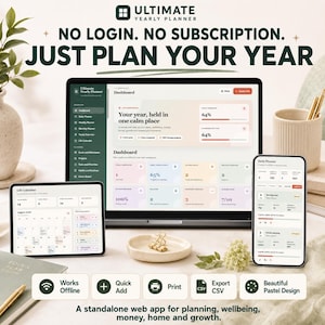 May include: A digital planner interface displayed on a laptop, tablet, and smartphone. The screen shows a dashboard with progress bars, task lists, and calendar views in pastel colors. Text includes "Ultimate Yearly Planner" and "No login. No subscription. Just plan your year."