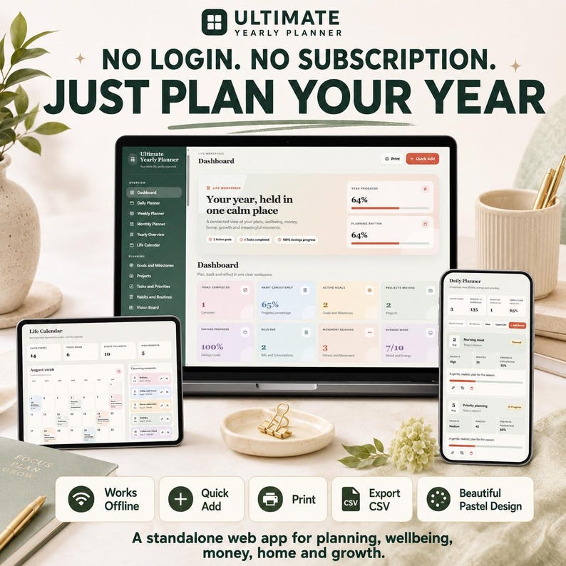 May include: A digital planner interface displayed on a laptop, tablet, and smartphone. The screen shows a dashboard with progress bars, task lists, and calendar views in pastel colors. Text includes "Ultimate Yearly Planner" and "No login. No subscription. Just plan your year."