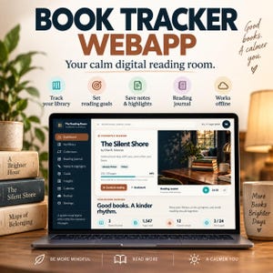 Peut inclure: Un écran d'ordinateur portable affichant l'interface d'une application web de suivi de lecture nommée The Reading Room. Le tableau de bord présente la progression, les titres de livres et les objectifs. Des icônes illustrent les fonctionnalités.