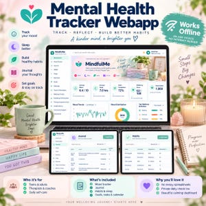 May include: A digital mental health tracker webapp displayed on a laptop and two tablets. The interface features a dashboard with mood, sleep, and habit metrics. Text includes 'Mental Health Tracker Webapp', 'MindfulMe', and 'Works Offline'.