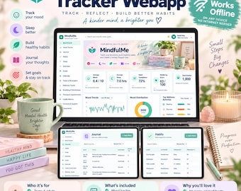 Mental Health Tracker Offline Webapp, Mood Journal & Wellness Planner, Mindfulness Digital Self Care, Habit Sleep Goal, Therapy Organizer