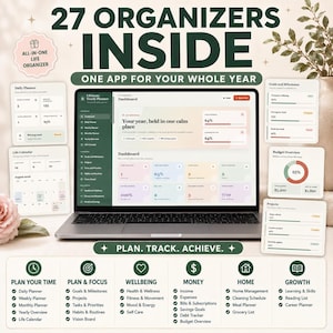 May include: A laptop displaying a digital life planner dashboard with the text 27 ORGANIZERS INSIDE and ONE APP FOR YOUR WHOLE YEAR. The screen shows various planning modules, progress bars, and budget charts. Below, a list categorizes features like PLAN YOUR TIME, PLAN & FOCUS, WELLBEING, MONEY, HOME, and GROWTH.
