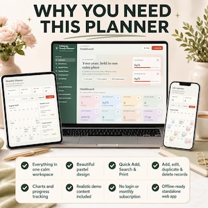 Ultimate Yearly Planner web app dashboard showing pastel KPI cards, yearly progress, goals, habits, savings and mood tracking
All in one yearly life planner web app displayed on laptop tablet and phone with daily planning and calendar screens
Ultimate Yearly Planner featuring 27 organizers for time planning, goals, wellbeing, money, home and personal growth