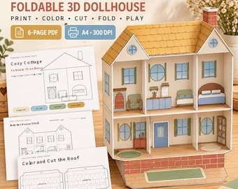 Printable Paper Dollhouse Template, Foldable 3D Cozy Cottage Coloring Craft for Kids, DIY Cut and Fold PDF with Instructions