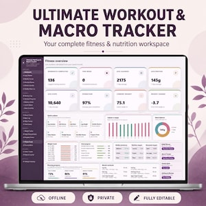 Puede incluir: Una pantalla de portátil que muestra el Ultimate Workout & Macro Tracker, un espacio de trabajo digital de fitness y nutrición. La interfaz incluye un panel con métricas de entrenamientos, calorías, proteínas, pasos, hidratación y peso.