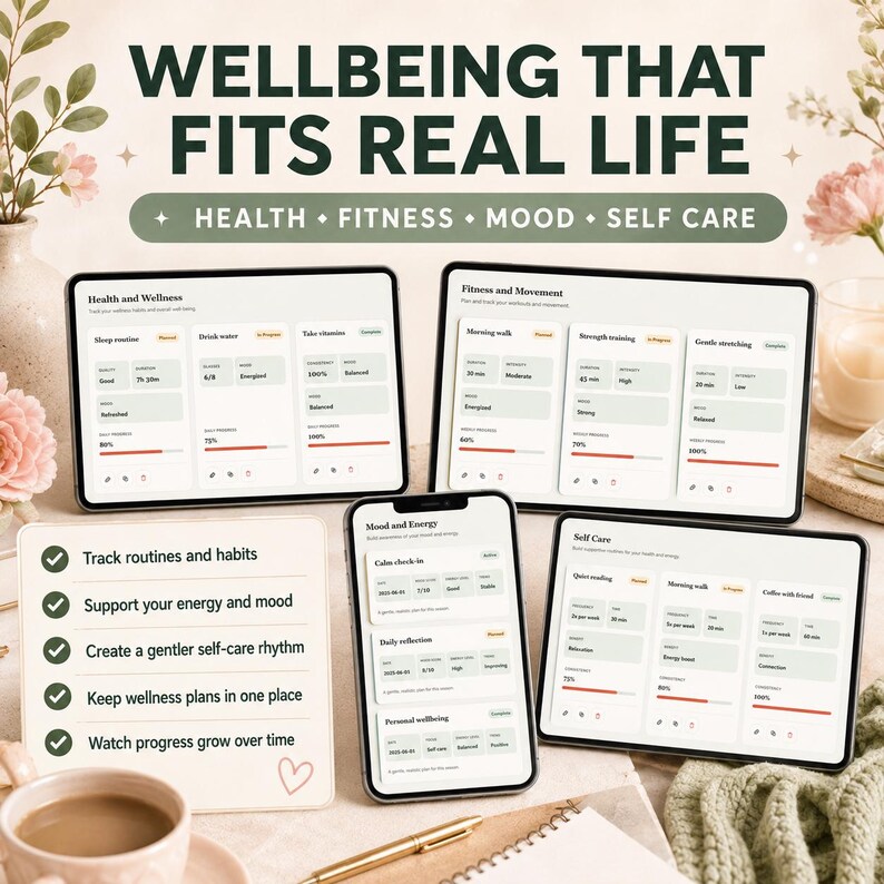 May include: A digital wellness planner displayed on three tablets and a card, featuring the text WELLBEING THAT FITS REAL LIFE. The screens show trackers for health, fitness, mood, and self-care with progress bars, checkboxes, and habit logs.