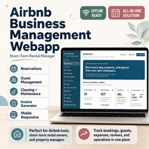 May include: A laptop displaying an Airbnb Business Management Webapp dashboard. The screen shows a Short-Term Rental Command Center with metrics for active properties, upcoming stays, occupancy, and stay performance, alongside a list of features.