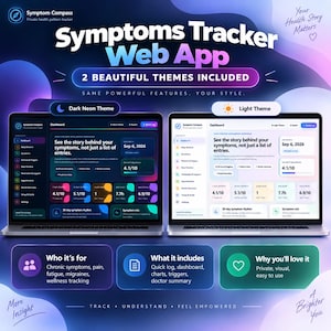May include: A digital display showing the Symptom Compass web app with two themes: a dark neon interface on the left and a light interface on the right. Both screens feature a dashboard with health tracking metrics, charts, and navigation menus.