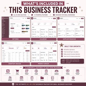May include: A digital business tracker dashboard featuring five distinct sections labeled Settings, Calendar, Supplier Manager, Inventory Tracker, and Product Catalog. The layout includes fifteen icons for business management tools and a bonus quick add button.