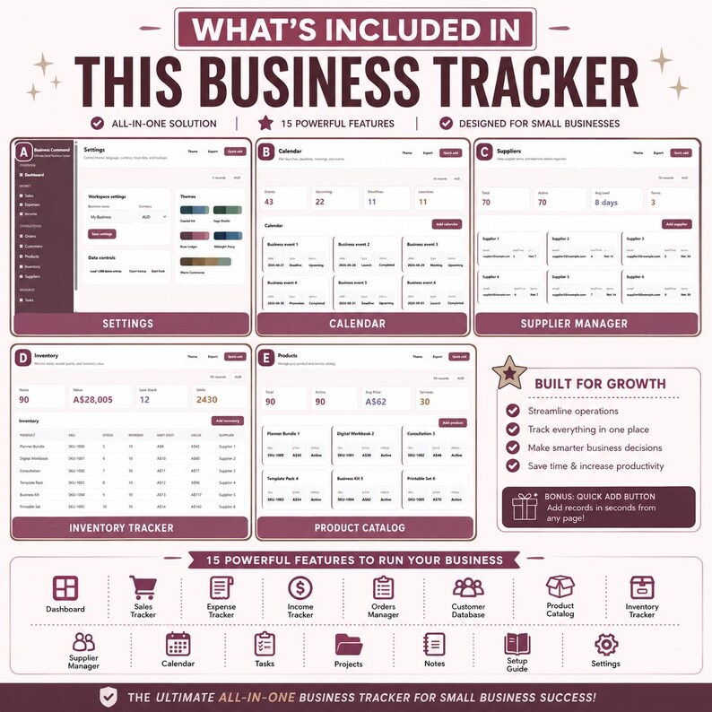 May include: A digital business tracker dashboard featuring five distinct sections labeled Settings, Calendar, Supplier Manager, Inventory Tracker, and Product Catalog. The layout includes fifteen icons for business management tools and a bonus quick add button.