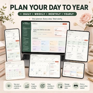 May include: A digital planner interface displayed on a laptop and multiple tablets, featuring dashboards for daily, weekly, monthly, and yearly tracking. The screen displays text including PLAN YOUR DAY TO YEAR, Ultimate Yearly Planner, and Dashboard.