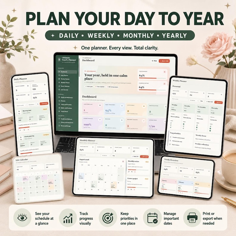 May include: A digital planner interface displayed on a laptop and multiple tablets, featuring dashboards for daily, weekly, monthly, and yearly tracking. The screen displays text including PLAN YOUR DAY TO YEAR, Ultimate Yearly Planner, and Dashboard.