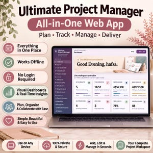 Könnte beinhalten: Ein Laptop zeigt das Dashboard der Web-App Ultimate Project Manager mit Projektkennzahlen, Aufgaben und Meilensteinen. Der Bildschirm enthält eine Begrüßung, eine Arbeitsbereichsübersicht und Daten-Widgets sowie verschiedene Funktionslisten.