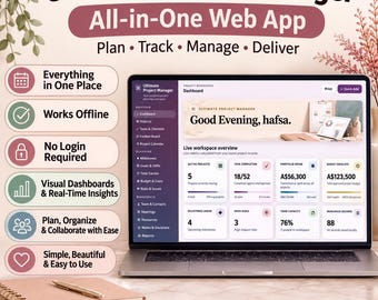 Ultimate Project Manager Web App, Project Management Planner, Task Tracker, Kanban Board, Budget & Team Organizer, Offline Digital Planner