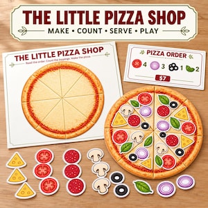 Pode incluir: O conjunto de jogo educativo The Little Pizza Shop inclui um tabuleiro de pizza, um cartão de pedido, uma pizza fatiada com vários ingredientes e recortes de cartão individuais de queijo, tomate, pepperoni, cogumelos, azeitonas, manjericão e cebola.