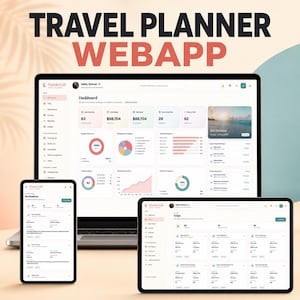 May include: A digital travel planner webapp displayed on a laptop, tablet, and smartphone. The interface features a dashboard with data visualizations, budget summaries, and trip lists. The text WanderLife is visible on the screens.