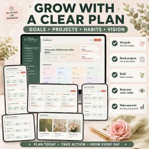 May include: A digital life planner interface displayed on a computer monitor, tablet, and smartphone screens. The dashboard features text including GROW WITH A CLEAR PLAN, GOALS, PROJECTS, HABITS, VISION, and various progress bars, lists, and icons.