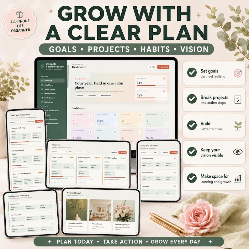 May include: A digital life planner interface displayed on a computer monitor, tablet, and smartphone screens. The dashboard features text including GROW WITH A CLEAR PLAN, GOALS, PROJECTS, HABITS, VISION, and various progress bars, lists, and icons.