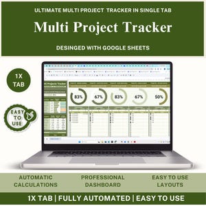 May include: A laptop displaying a Multi Project Tracker Google Sheets dashboard with progress charts, percentage circles, and task lists. The screen features text including "ULTIMATE MULTI PROJECT TRACKER IN SINGLE TAB" and "DESINGED WITH GOOGLE SHEETS".