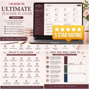 May include: A digital teacher planner webapp displayed on a laptop screen, featuring a dashboard with student metrics, attendance, and task tracking. The interface includes sections for lesson plans, student management, and gradebooks with a 5-star rating overlay.
