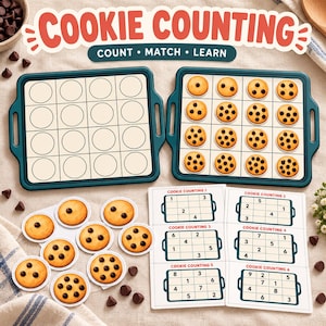 Puede incluir: Un juego educativo Cookie Counting que incluye dos bandejas de horno de color verde azulado, una con círculos vacíos y otra con fichas de galletas numeradas. Incluye una hoja con seis tarjetas de actividad con cuadrículas numéricas y galletas.