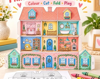 Foldable paper house template:  ready for colouring, paper crafts, doll house