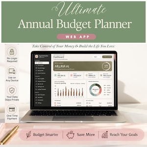 Puede incluir: Un ordenador portátil que muestra el panel de control de la aplicación web Ultimate Annual Budget Planner con gráficos financieros y datos de ingresos y gastos. La pantalla muestra un saldo mensual de A$3.858,05 y funciones de gestión.