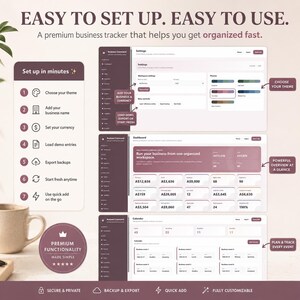May include: A digital business tracker interface displayed on three screens, featuring a settings menu, a financial dashboard with currency values, and a calendar view. The layout includes text labels, icons, and a step-by-step setup guide.