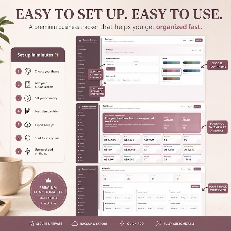 May include: A digital business tracker interface displayed on three screens, featuring a settings menu, a financial dashboard with currency values, and a calendar view. The layout includes text labels, icons, and a step-by-step setup guide.