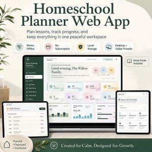 Può includere: Un'applicazione web per la pianificazione dell'istruzione domiciliare visualizzata su un portatile e due tablet. L'interfaccia presenta una dashboard con schede color pastello per monitorare lezioni e progressi. Testo: "Homeschool Planner Web App" e "Created for Calm. Designed for Growth."