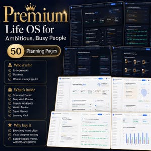 Könnte beinhalten: Ein digitales Planungssystem mit dem Titel Premium Life OS for Ambitious, Busy People, das 50 Planungsseiten umfasst. Die Benutzeroberfläche zeigt Dashboards im dunklen und hellen Modus mit Modulen für Projektmanagement und Finanzverfolgung.