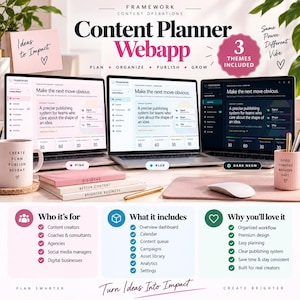 May include: Three laptops displaying a content planner webapp in pink, blue, and dark neon themes. The screens show text including 'Make the next move obvious' and 'A precise publishing system for teams'. Includes a mug, notebooks, and feature lists.